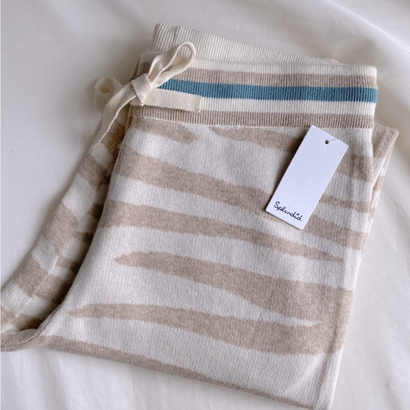 SPLENDID COTTON SILK ZEBRA DRAWSTRING JOGGERS LOUNGEWEAR Cream Tan M